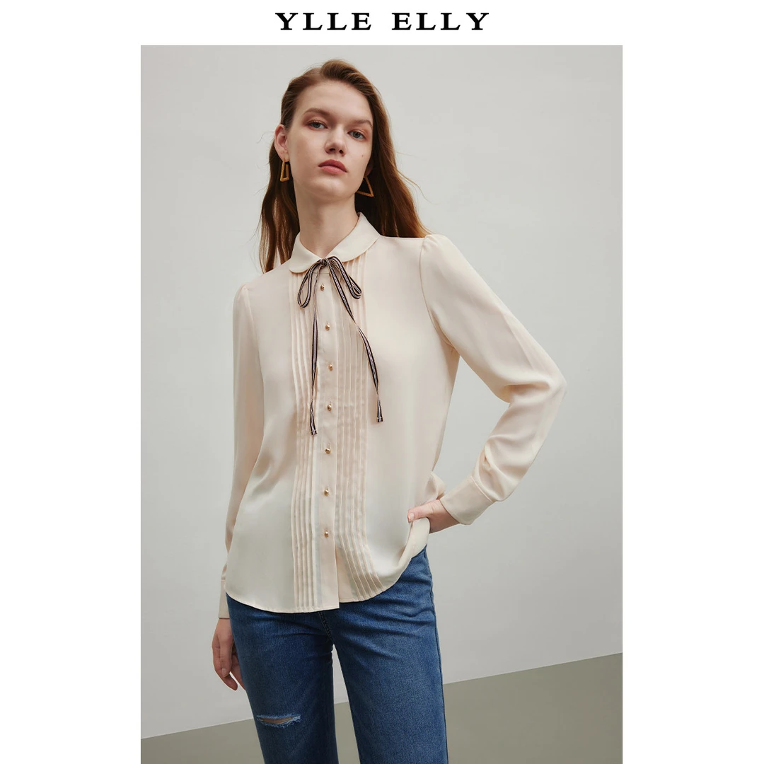 【羊羊专属】直身泡泡袖衬衫女系带领风琴褶襟造型感长袖衬衣