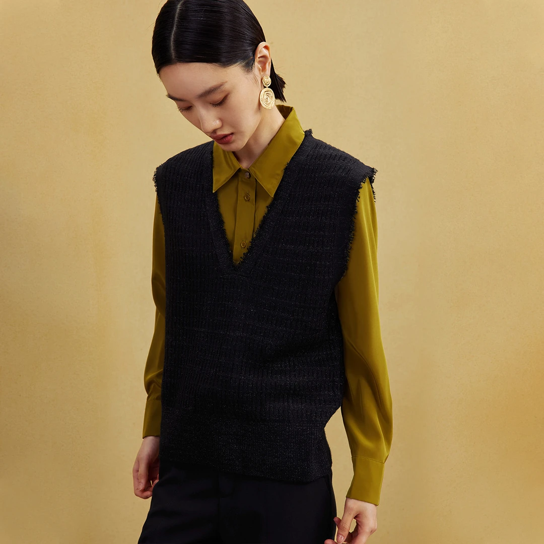 【小余专属】绵羊毛坑条针织衫女季气质深V领无袖毛织M729002105