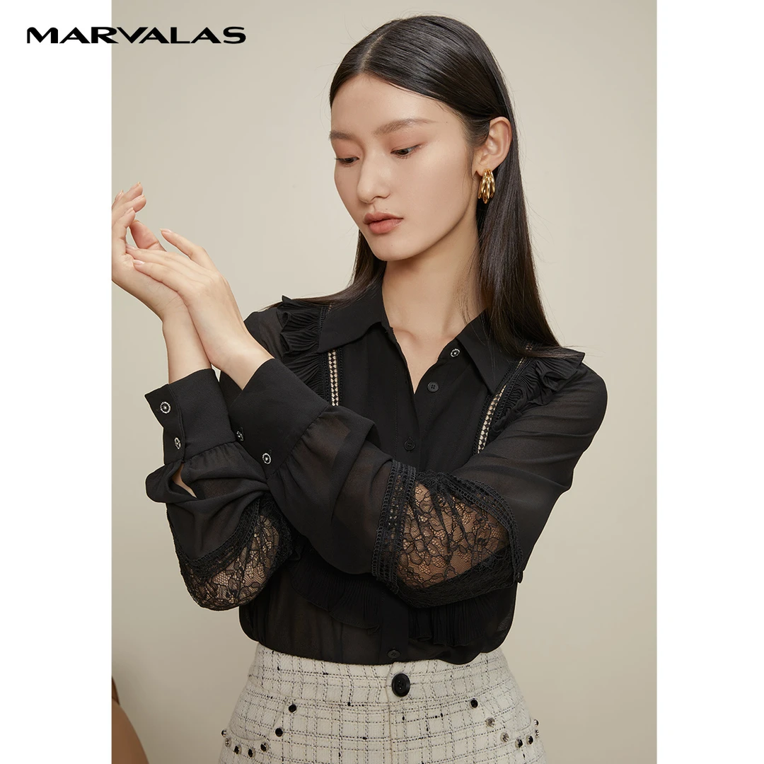 【小余专属】曼德诗黑色蕾丝衬衫女2024木耳边小众女上衣#D330531