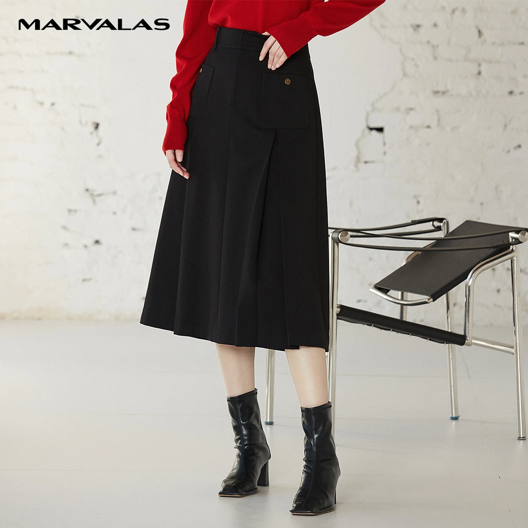 【诗语专属】M207302383曼德诗黑色半身裙女中长西装秋冬A字显瘦