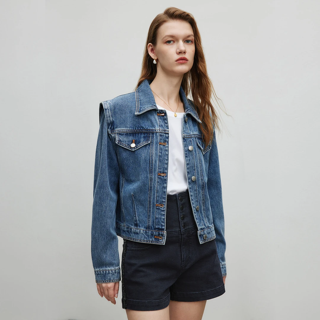 【陈大可】时尚短款外套叠肩设计感短款全棉牛仔外套Y430579