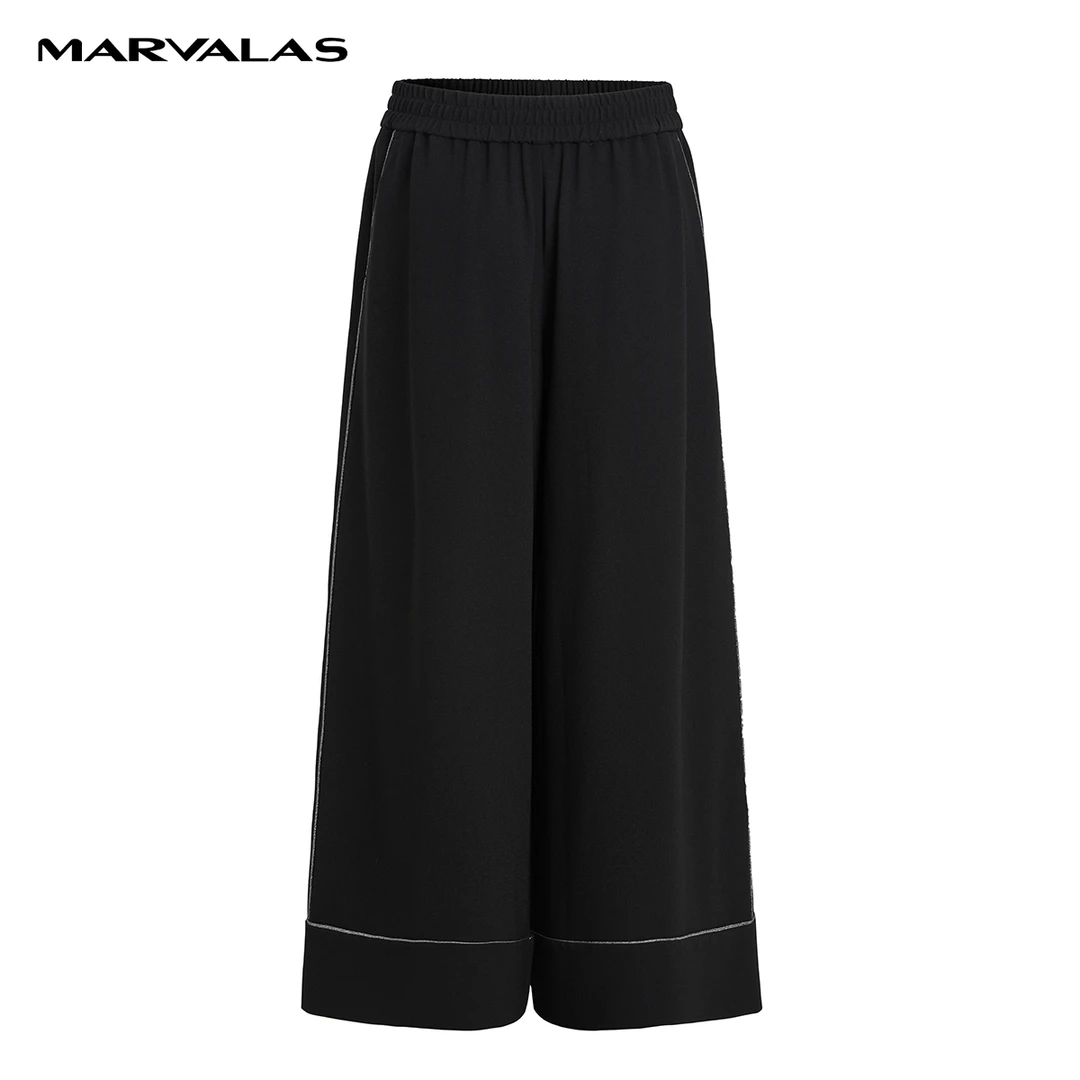 【小余专属】曼德诗黑色阔腿拖地长裤宽松条松紧腰裤子M130736