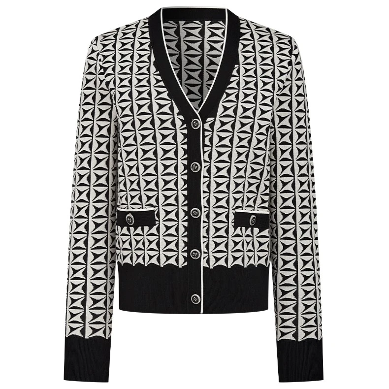 【诗语专属】M731305824曼德诗黑白撞色开衫秋宽松长袖针织上衣女