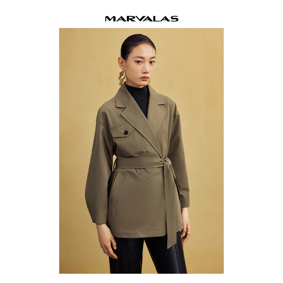 【羊羊专属】曼德诗纯色西装领风衣秋季本布收腰宽松外套M424302068