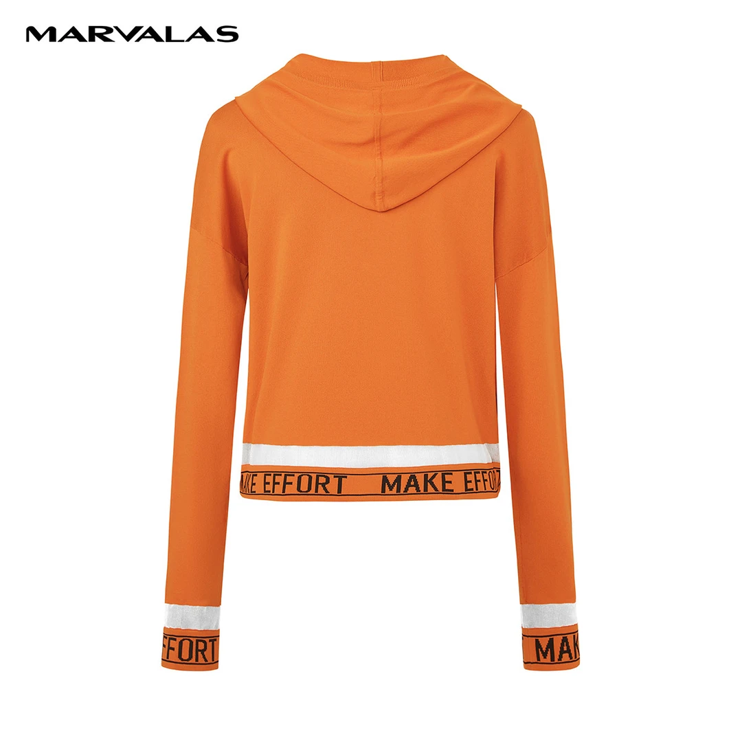 【籽言专属】时尚撞色字母绣花针织衫短款连帽长袖套头衫M731063