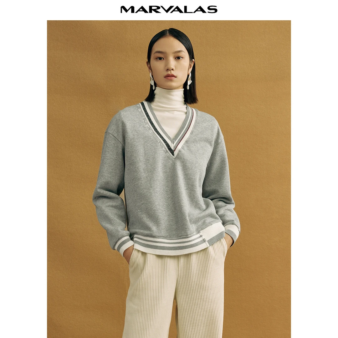 【诗语专属】V领针织卫衣女冬宽松加绒外套设计感拼接长袖上衣