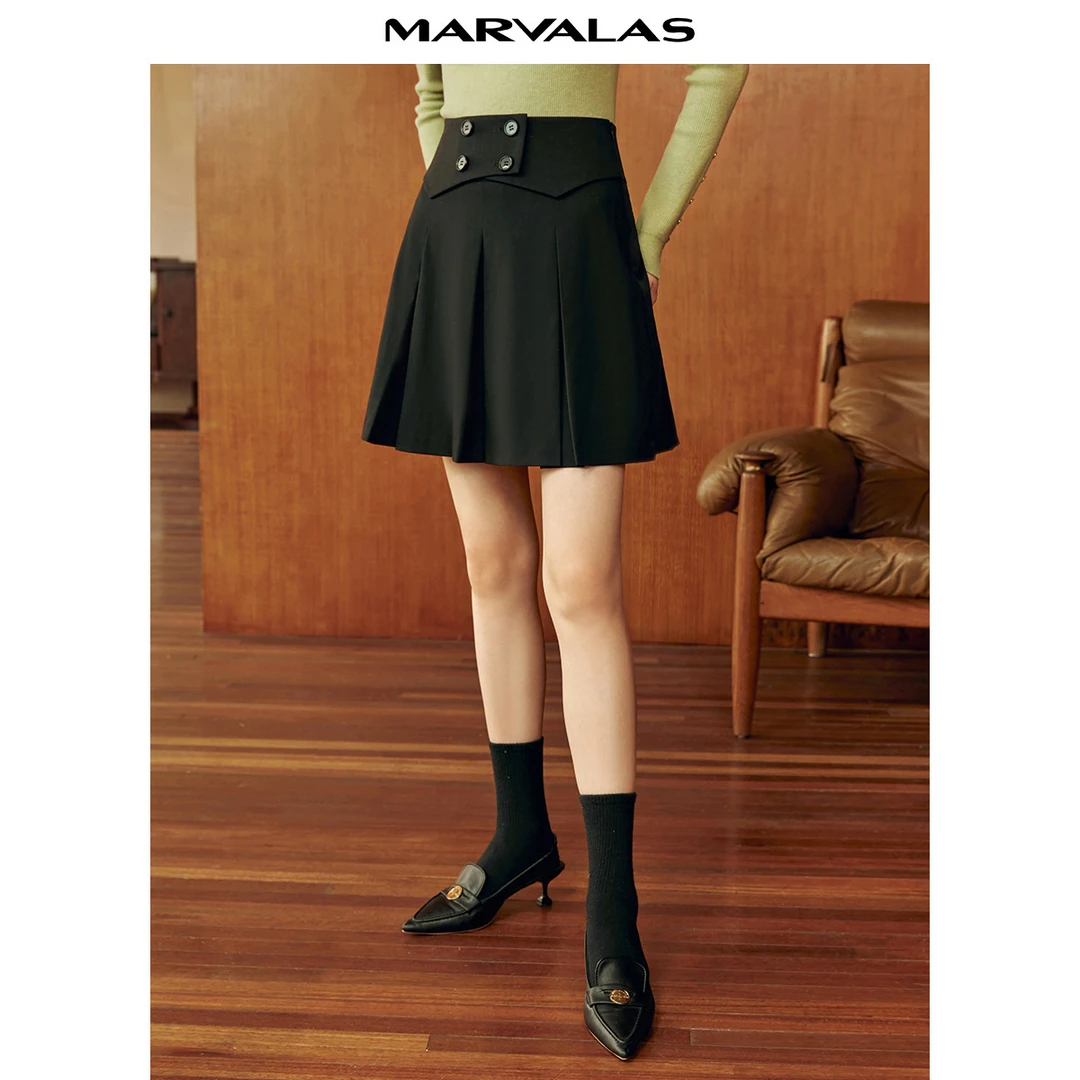 【力力淘】短裙女秋季高腰不规则设计感通勤百褶裙M210386