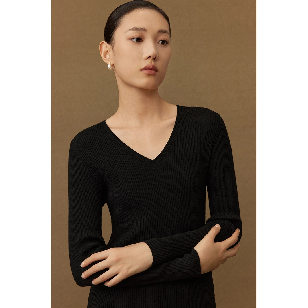 【诗语专属】曼德诗V领87羊毛针织衫秋冬套头纯色打底衫M733302736