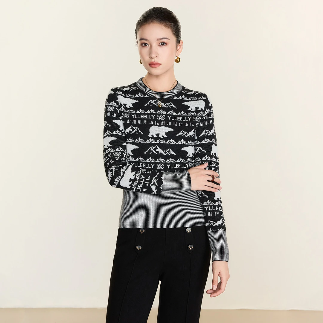 【小余专属】绵羊毛百搭针织衫女2024撞色提花套头衫Y733306834