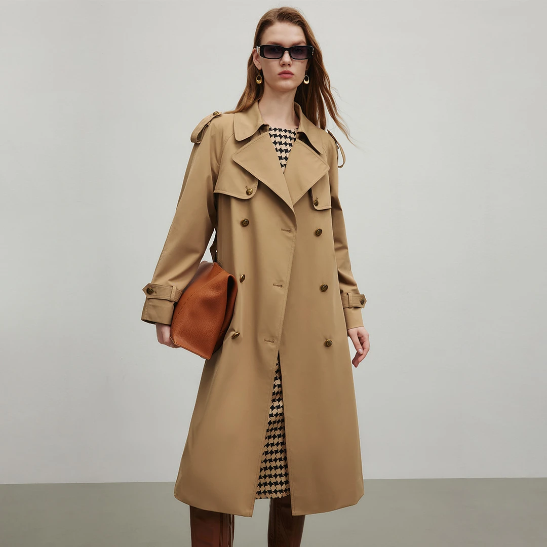 【曼德诗】高级感风衣双排扣腰带设计飒美垂感长款外套Y424301956