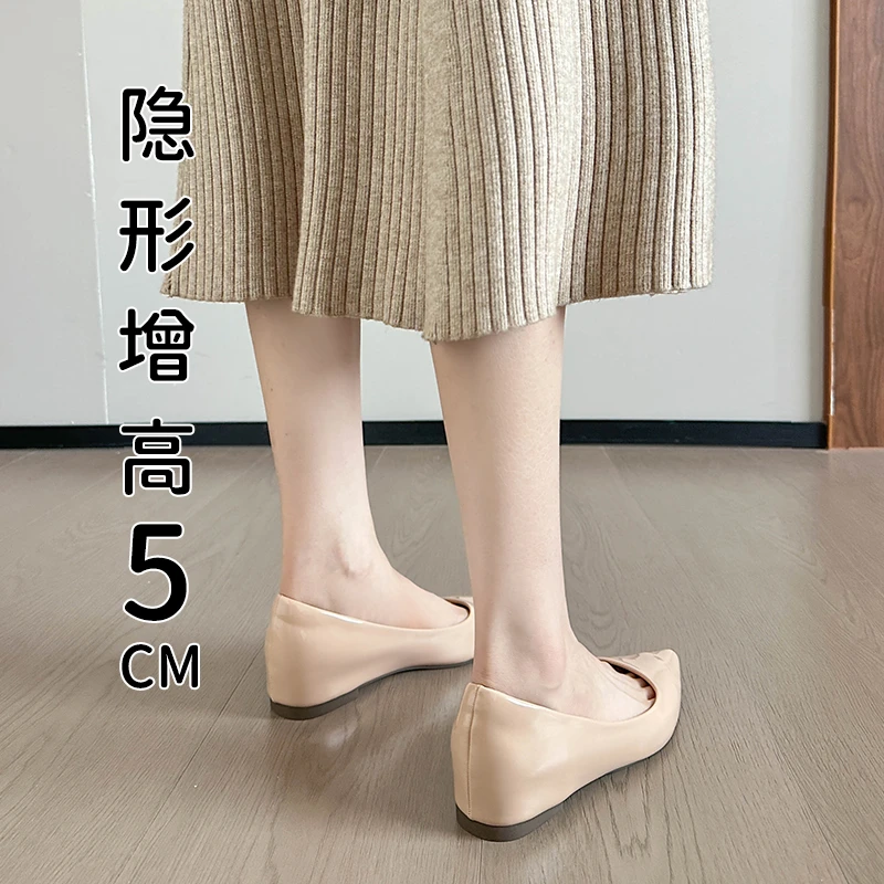 裸色内增高尖头单鞋女春秋一脚蹬浅口通勤女鞋法式气质百搭平底鞋