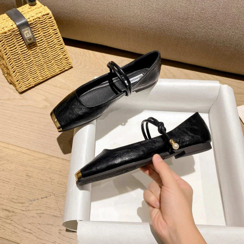 复古方头浅口百搭单鞋带玛丽珍鞋平底鞋大码43小皮鞋女法式尤莱特