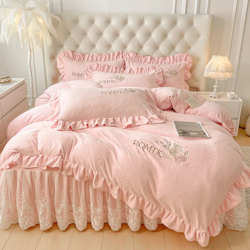 米兰 冬季加厚保暖牛奶绒夹棉床裙款四件套 韩版防静电公主风绣花