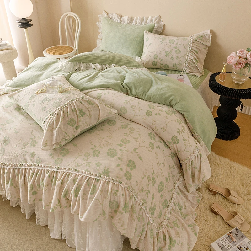 【秋冬床裙款】韩式5D雕花绒牛奶绒夹棉床裙四件套少女心公主风床品