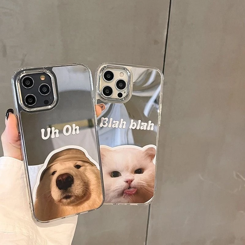 可爱金毛狗狗小猫镜面iPhone14promax苹果13/12/11手机壳创意防摔