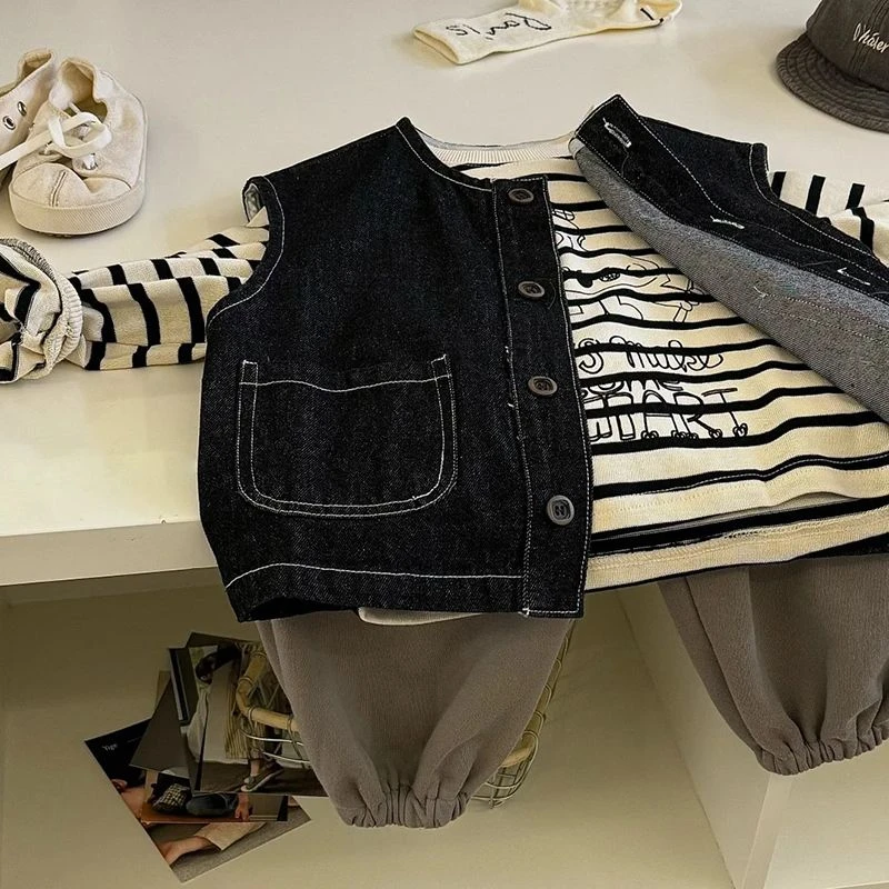 2025年春季韩国童装男童套装秋季时尚洋气牛仔马甲儿童条纹上衣