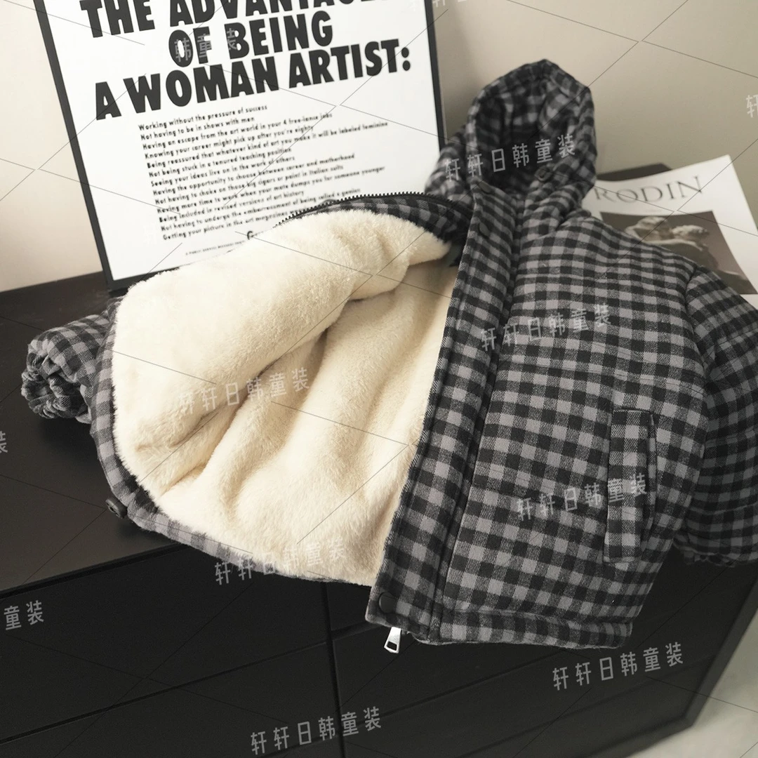 2025韩国童装男童冬季棉服帅气加厚保暖外套韩系儿童格子韩版棉服