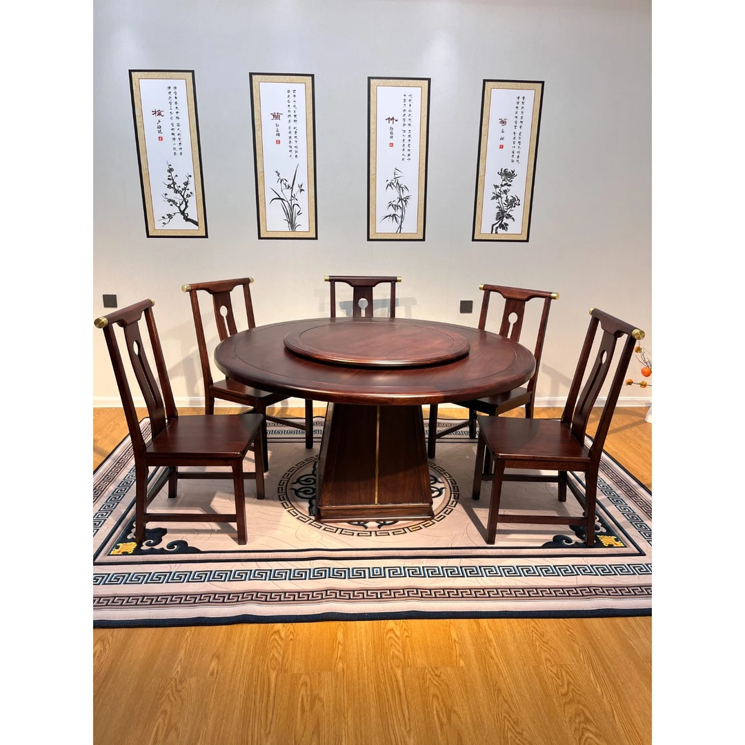 【源头工厂】乌金木带转盘圆桌餐桌家用8-10人实木餐桌高级家具