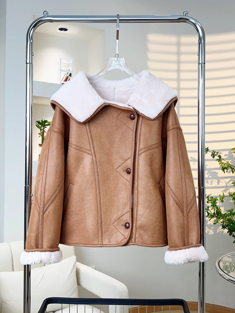 2024新款秋冬厚外套时尚复古气质翻领保暖100%羊毛冬季上衣女外套