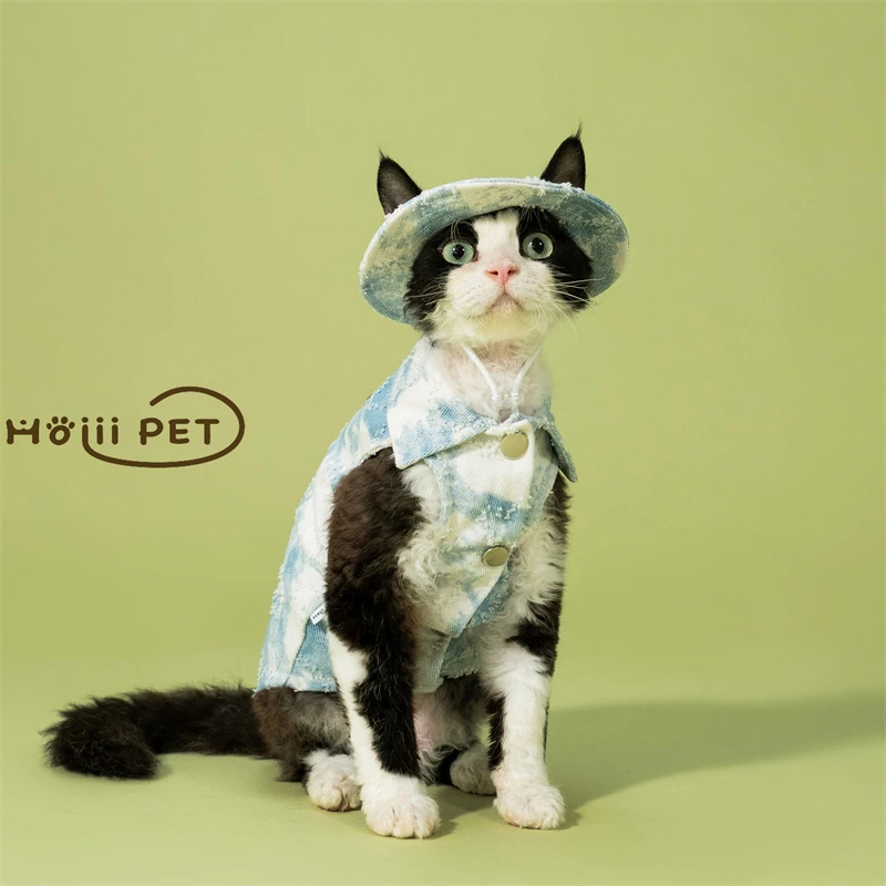 HOiii PET 夏季扎染牛仔爱心马甲德文猫衣服无毛猫衬衫可爱韩版潮