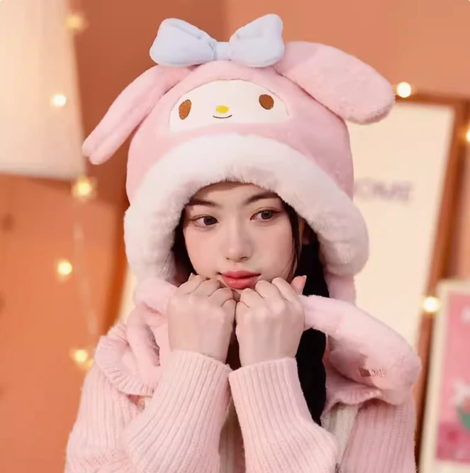 正版三丽鸥美乐蒂耳朵会动秋冬护耳帽一体女冬季可爱保暖毛绒帽子