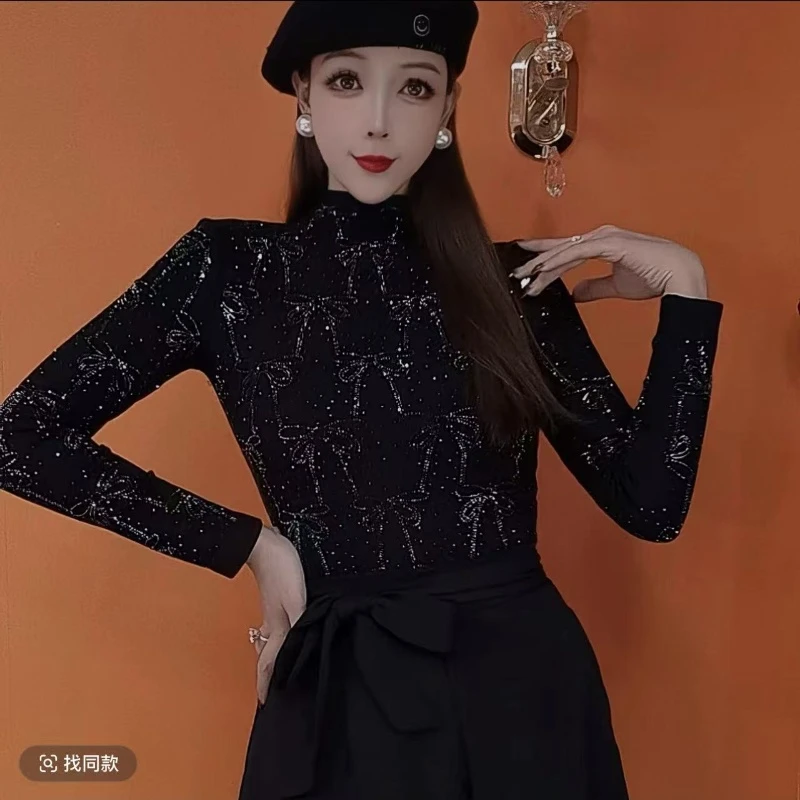 【15#新花】打底衫女内搭秋冬新款时尚烫钻上衣修身显瘦长袖T恤潮