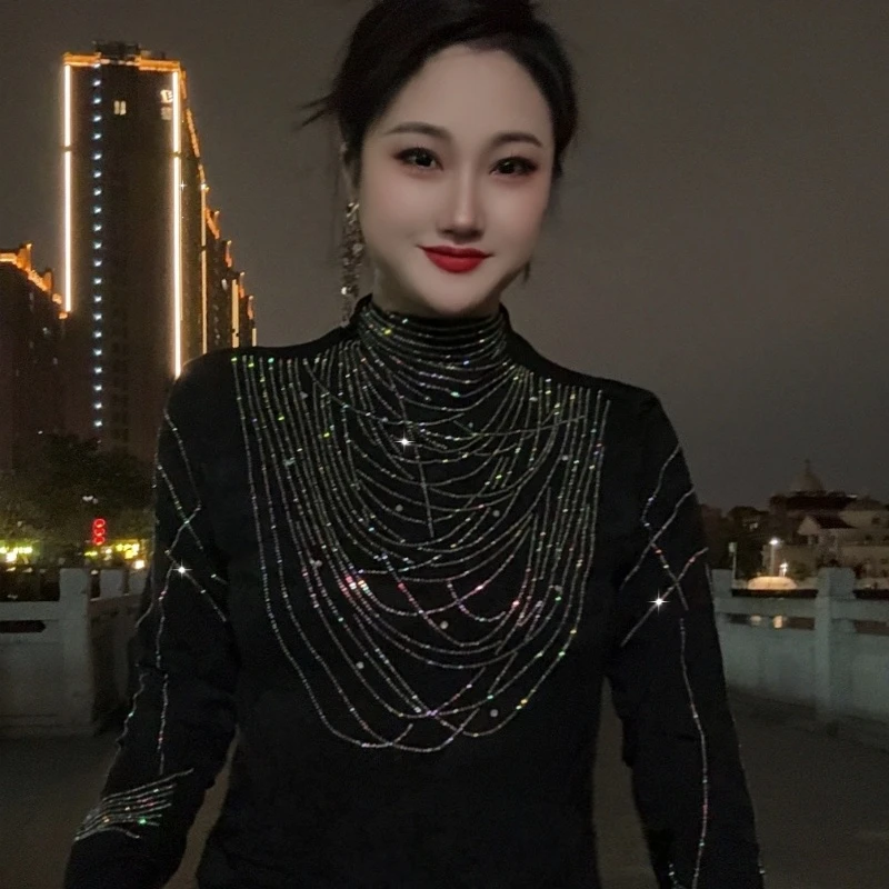 【宁姐补贴】14#加绒打底衫女内搭秋冬时尚烫钻上衣修身显瘦长袖T恤