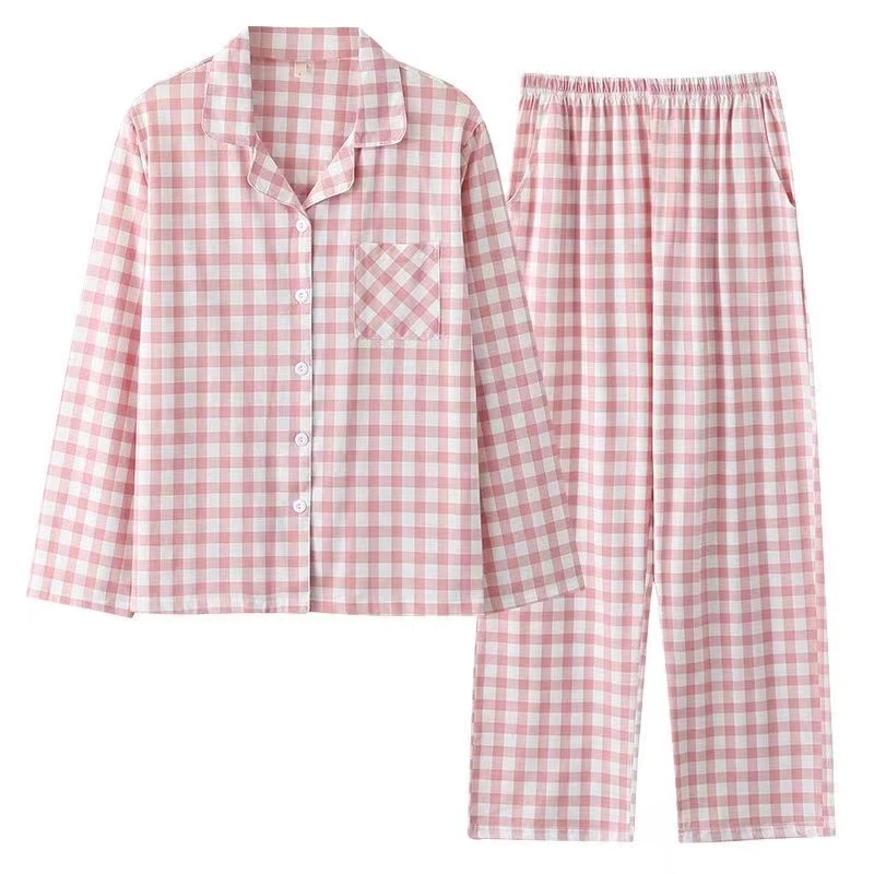睡衣春秋季女士薄款日系格子长袖青年宽松大码休闲甜美家居服套装