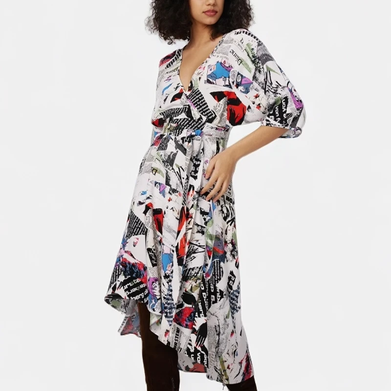 葭恩漫画海报印花图案半围裹式复古绉纱连衣裙0352