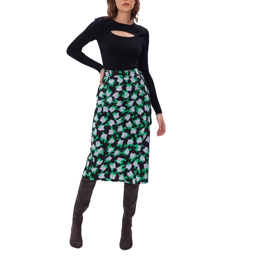 葭恩绿栀子花一片式围裹中长款半身裙0245