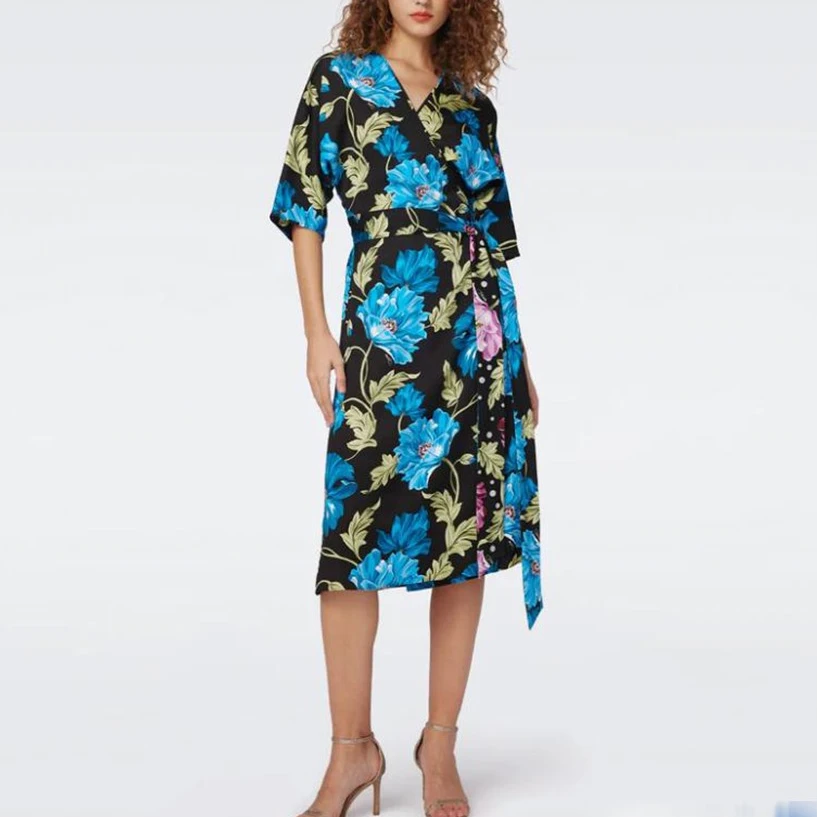 葭恩双面皆美紫红蓝色大花浪漫繁花双面印花裹身夏季连衣裙0351