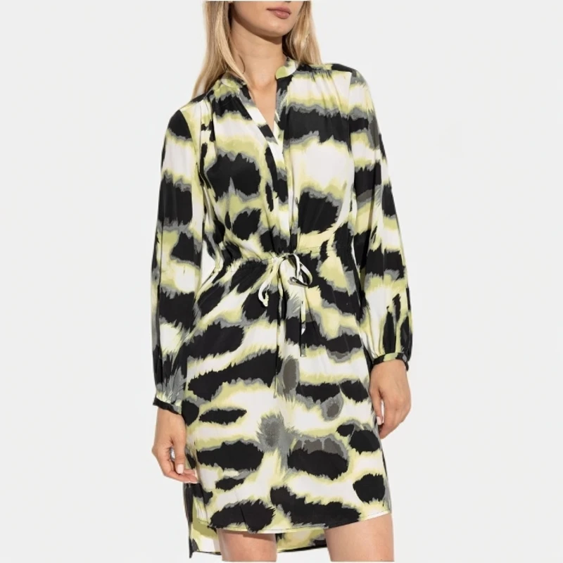 葭恩D家黑绿晕染图案真丝混纺V领长袖连衣裙0378