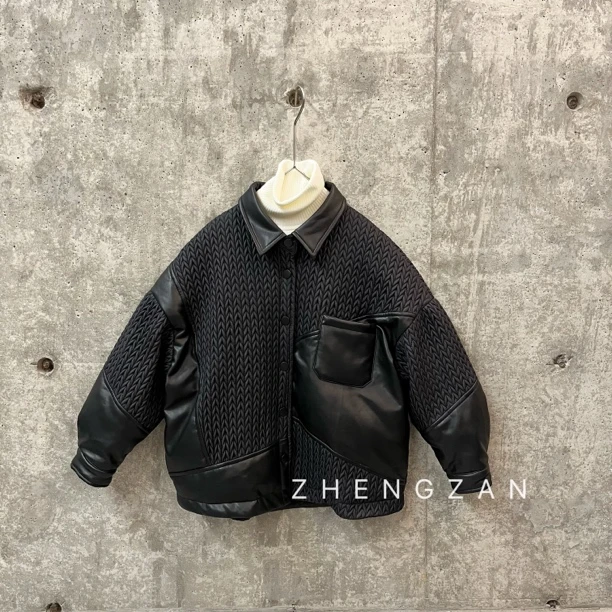 372  软皮拼接轻薄儿童男宝夹克皮羽绒服