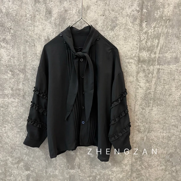 306 领带百褶超出片儿童黑色衬衫