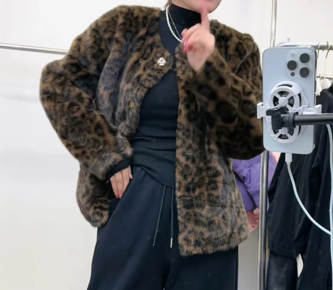 设计感韩系豹纹毛茸茸外套