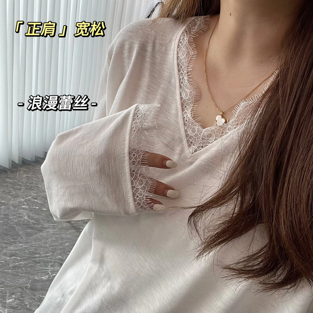 蕾丝拼接打底衫气质休闲慵懒长袖T恤女2024年秋冬新款秋季上衣潮