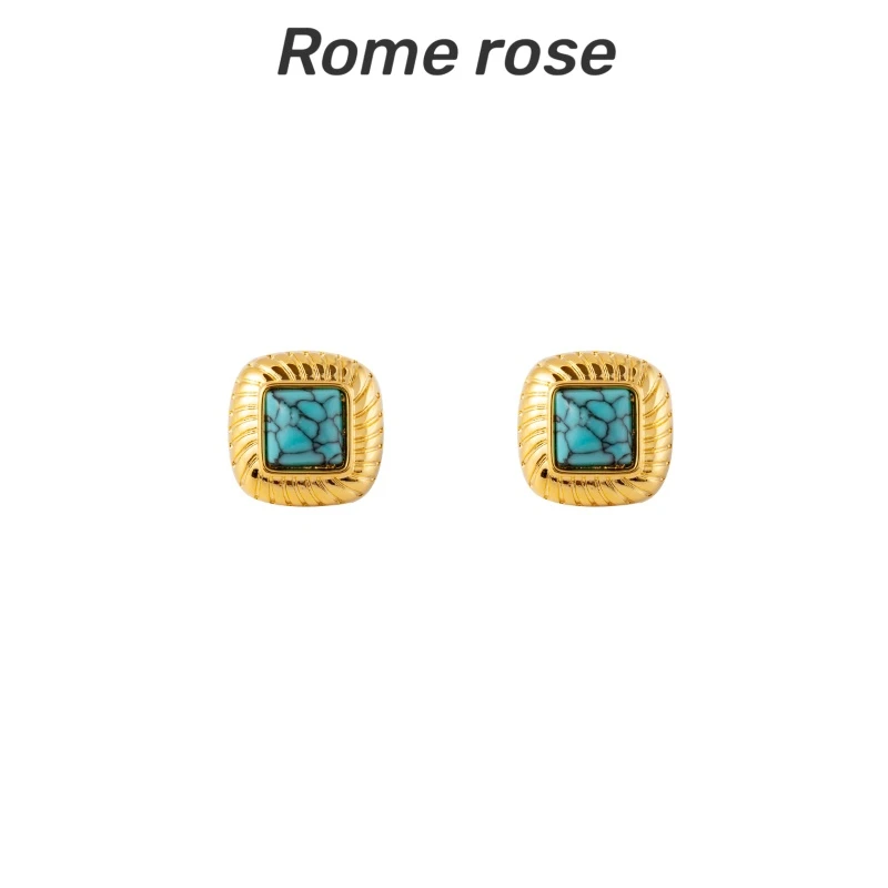 铜合金锆石耳饰 花纹方形绿色设计款耳钉设计感耳环百搭2082