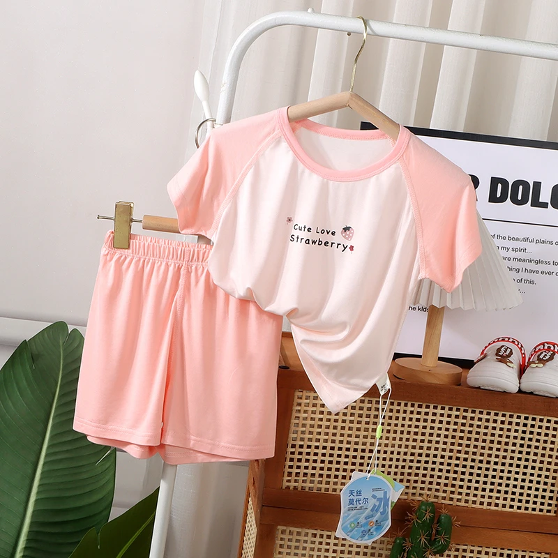 婴幼儿夏天衣服短袖短裤莫代尔家居服无骨套装男童女宝宝空调睡衣