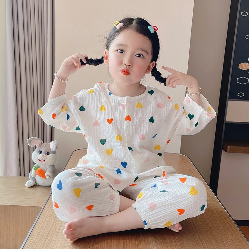 儿童家居服双层纯棉男童女孩宝宝空调服薄款纱布春款夏季睡衣套装