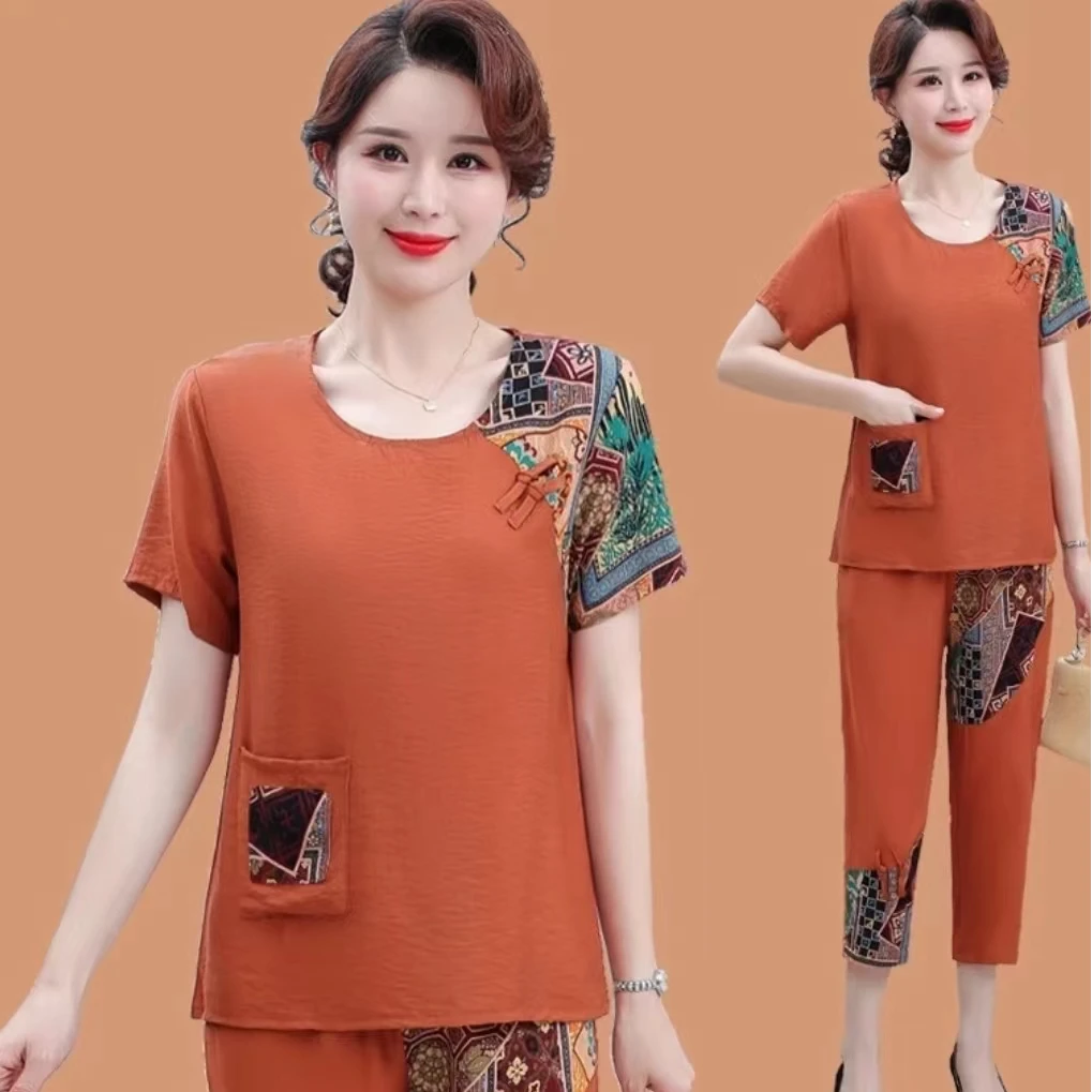 新款洋气妈妈套装时尚减龄女装休闲复古两件套显瘦夏季