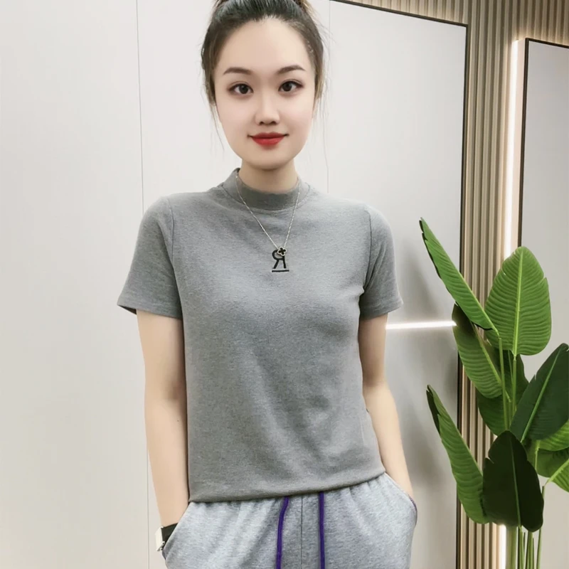 秋款新品百搭时尚休闲网红纯色洋气简约R刺绣显瘦圆领短袖T