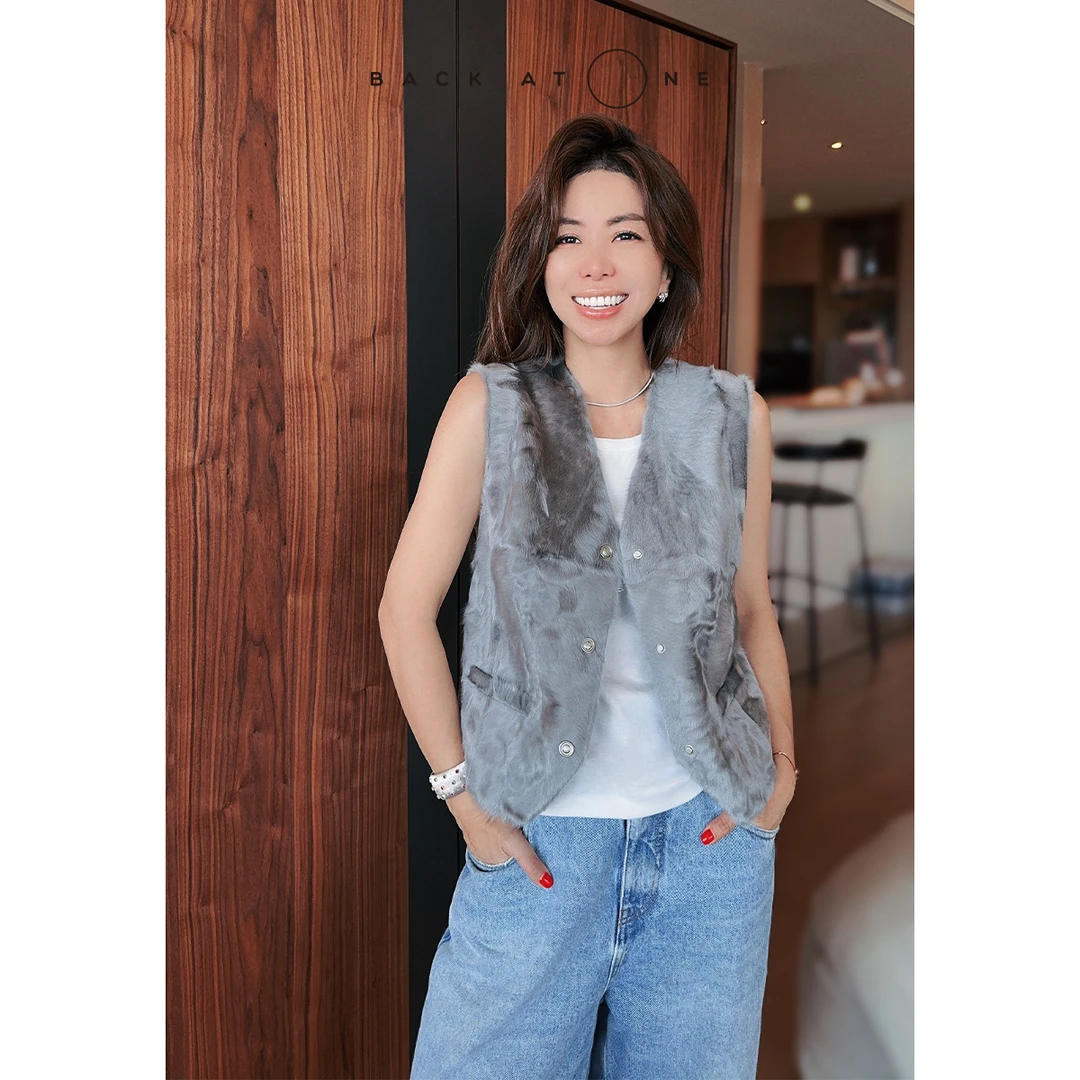 BackAtOne "优雅银辉"时尚胎羊毛灰色皮毛一体马甲 BEF-1GE005C-K