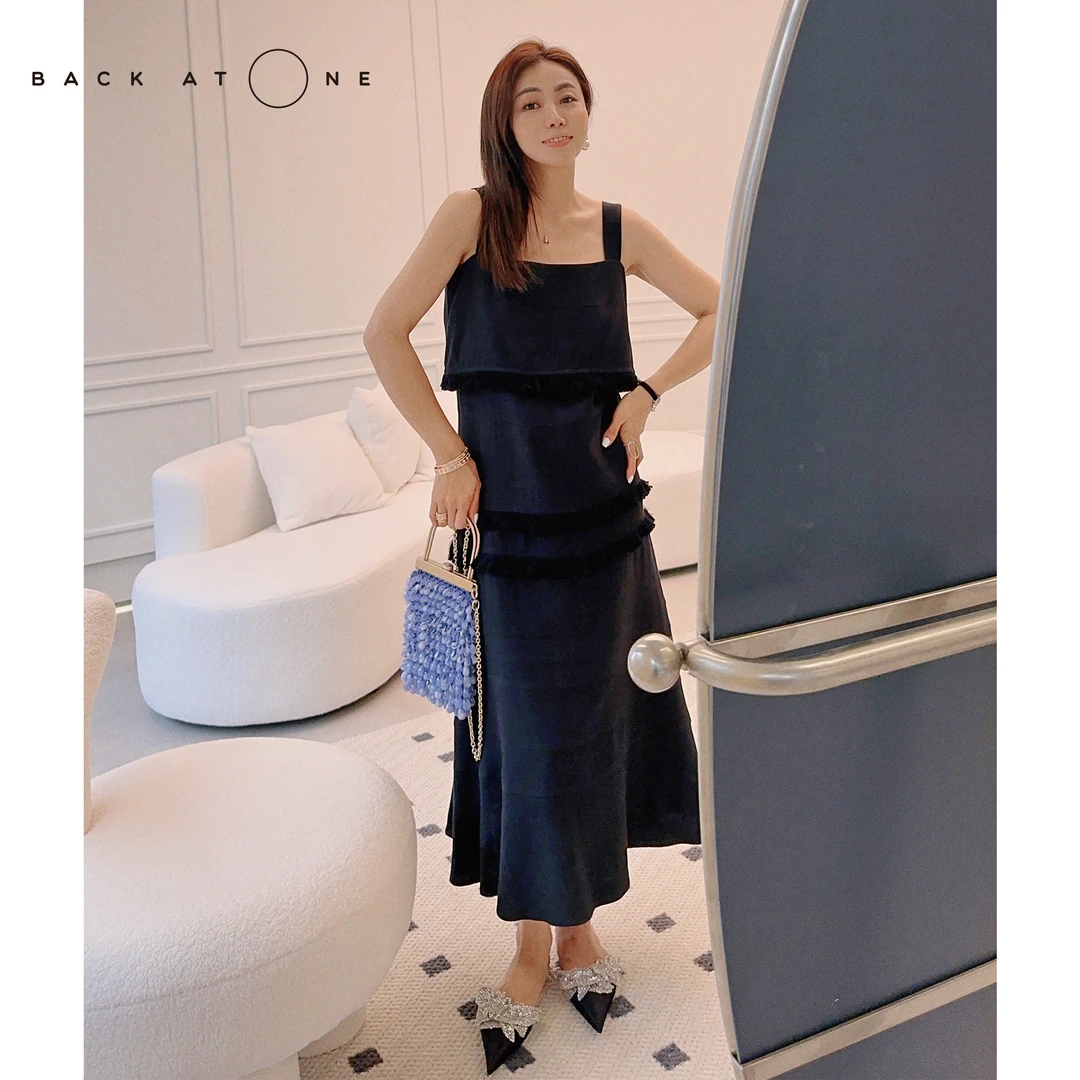 BackAtOne “浪花朵朵”黑色流苏麦穗小众吊带连衣裙女 B3SS-L039-K