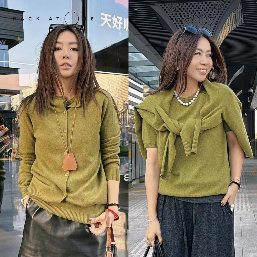 “mi*u系氛围” 牛油果色羊绒女装短袖套衫 BDF-1AB071H/1AB072H-K