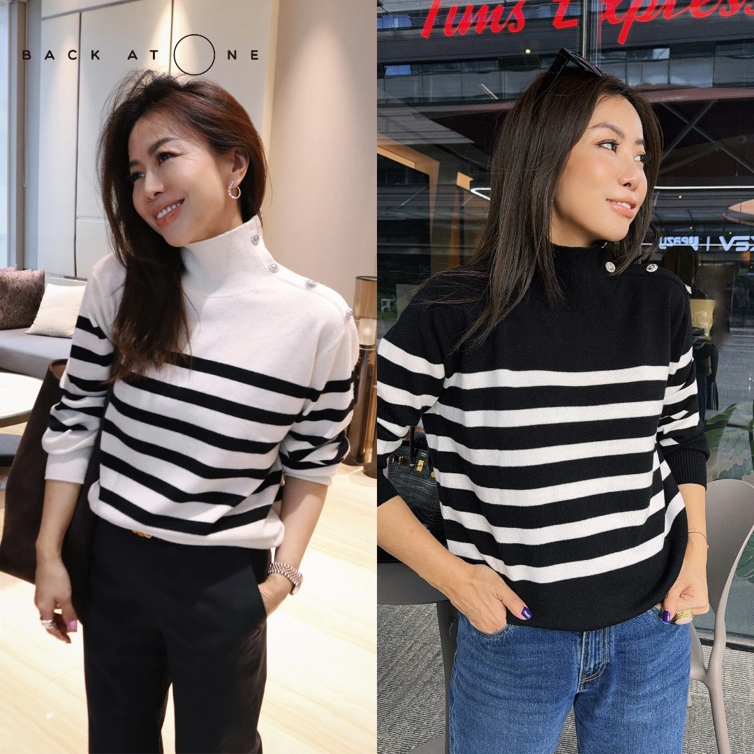 BackAtOne“精雅琴音” 高领肩扣黑白条纹套衫针织衫 BDF-1AB042H-K