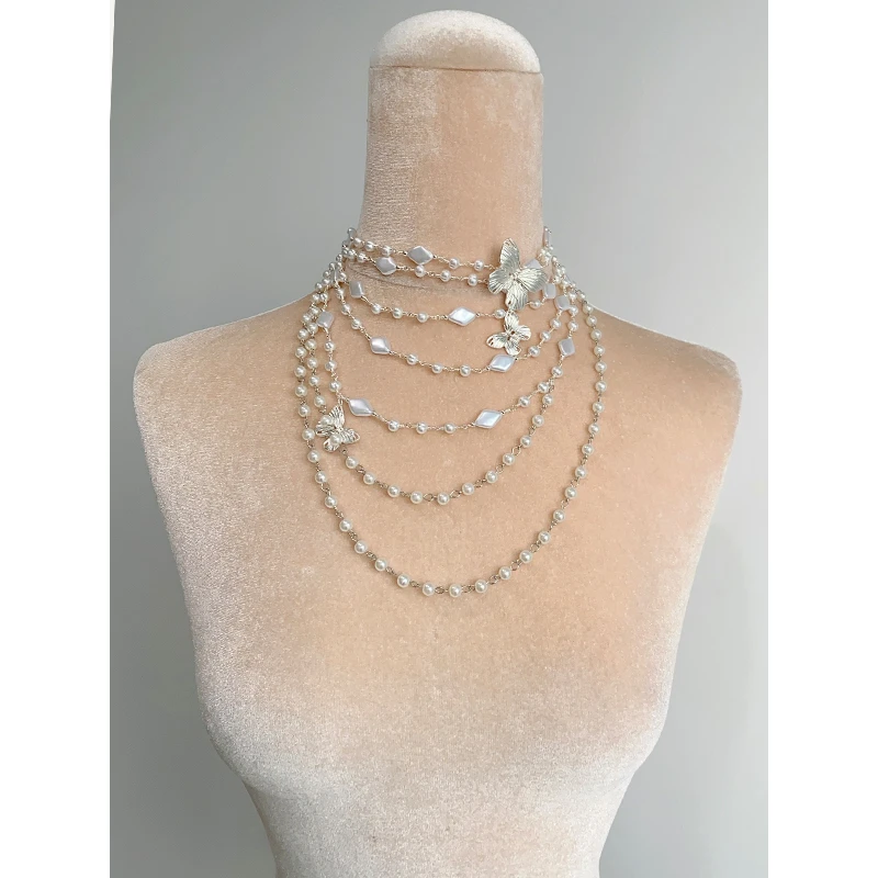 非金属仿珍珠项链 娜娜蝴蝶项链 珍珠项链叠戴毛衣链仙2024新款女