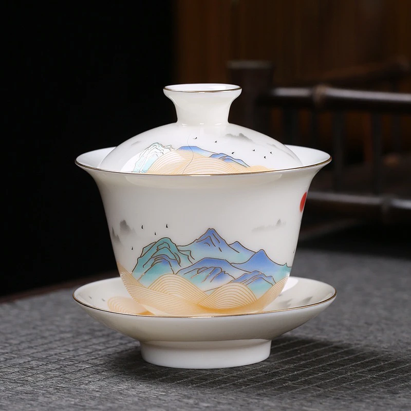 羊脂玉瓷满彩描金三才盖碗170ml陶瓷泡茶碗敬茶碗功夫茶具