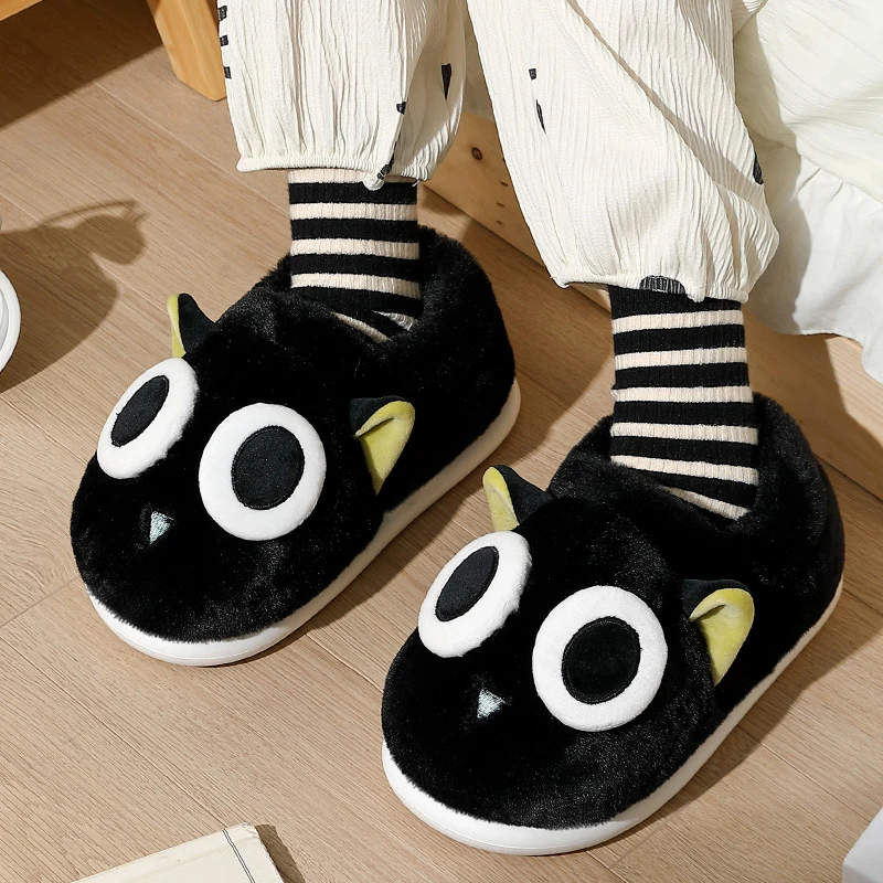 小黑猫棉拖鞋女士冬季2025新款外穿室内可爱保暖毛毛加绒包跟棉鞋