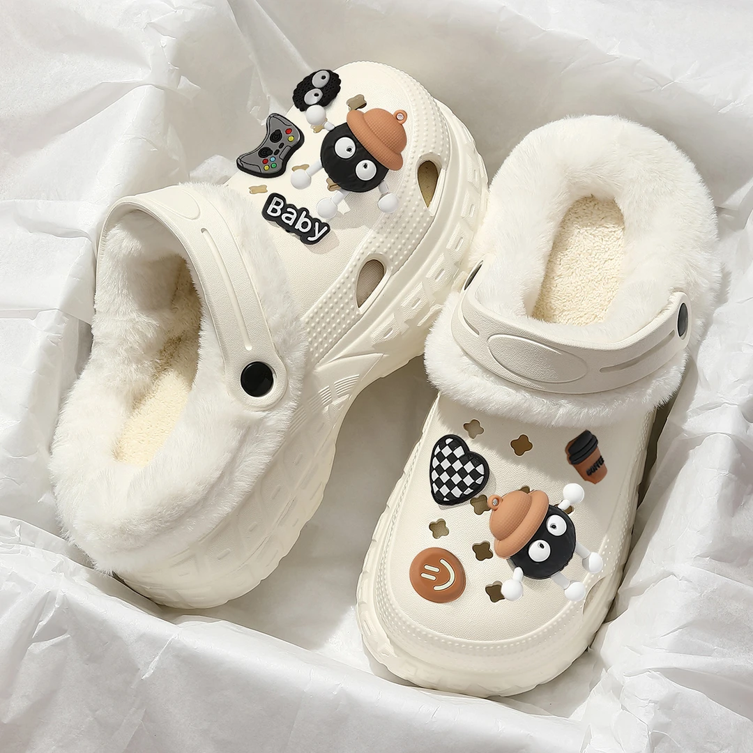 加绒洞洞鞋女外穿冬季2024新款厚底增高网红ins保暖防滑棉拖鞋女