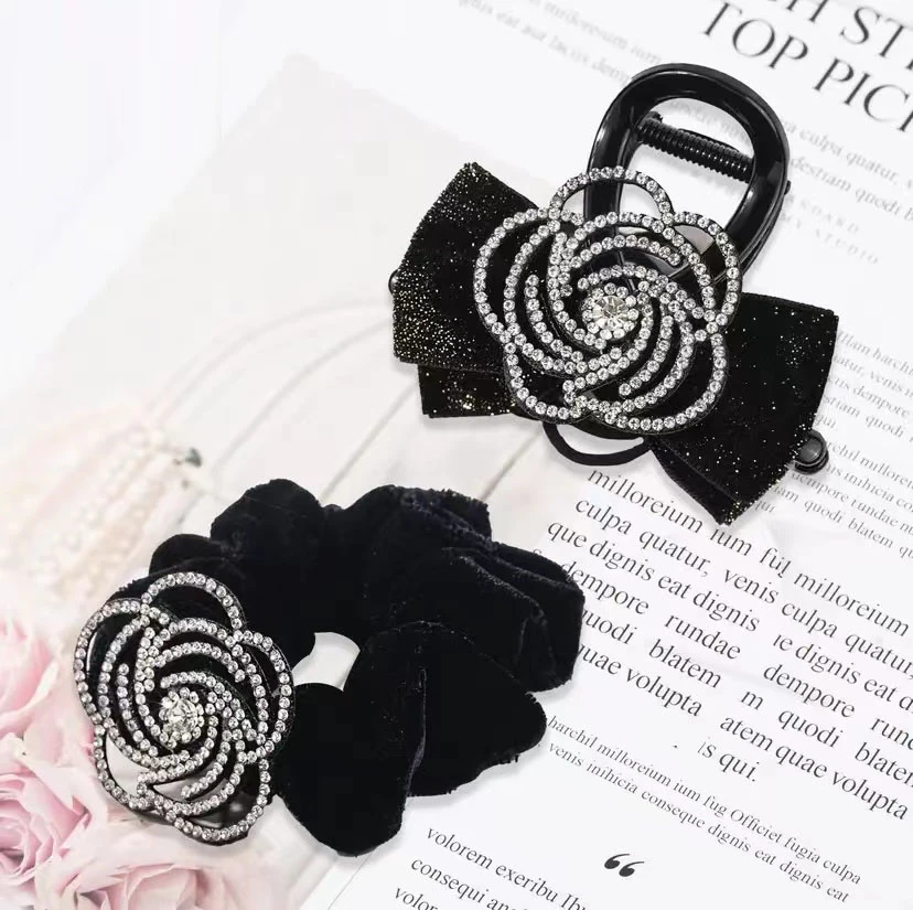 气质小香风山茶花抓夹网红黑色满钻浪漫8cm抓夹